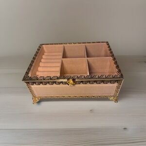 Rachel Ashwell Coquette Gold and Glass Jewelry Box Pink Interior Hinge Glass Lid